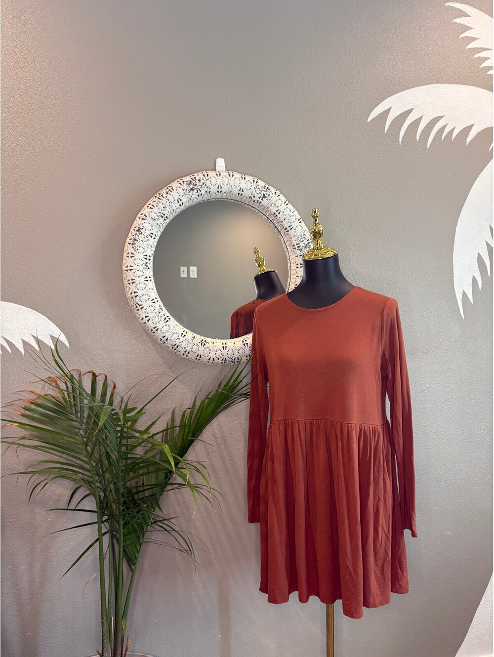 Rust Colored Long Sleeve Casual Dress with Gathered Waist